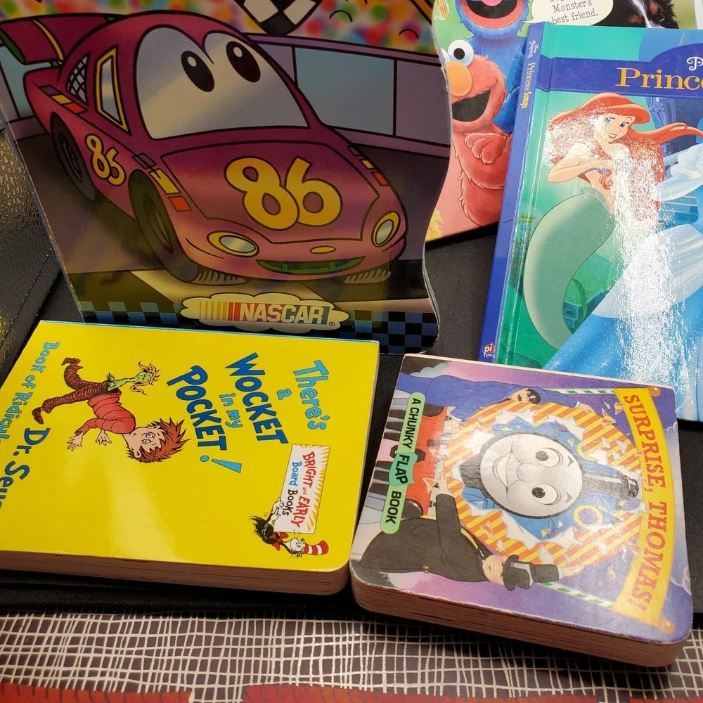 Children lot of 6 books 2 board, Nascar, Disney Princess, Sesame Street hardback
